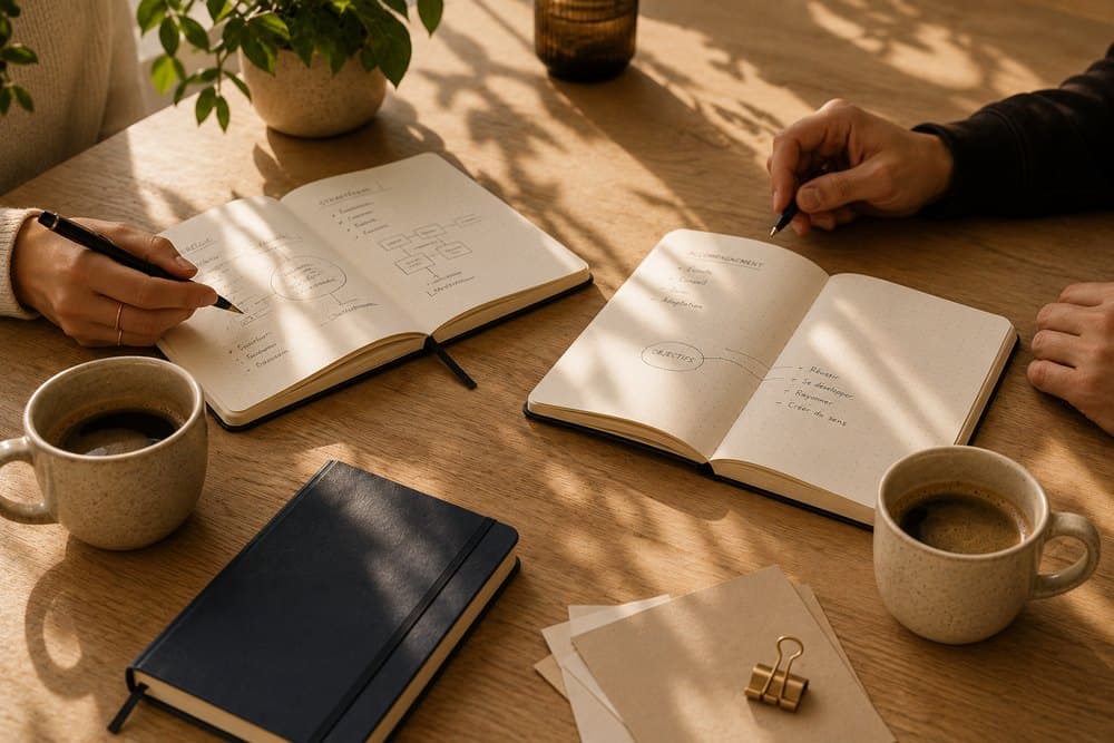 Coaching & Formation — deux carnets ouverts et deux tasses de café, échange autour d’une table