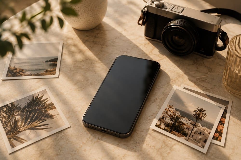 Community Management — smartphone, appareil photo et tirages sur une table en marbre