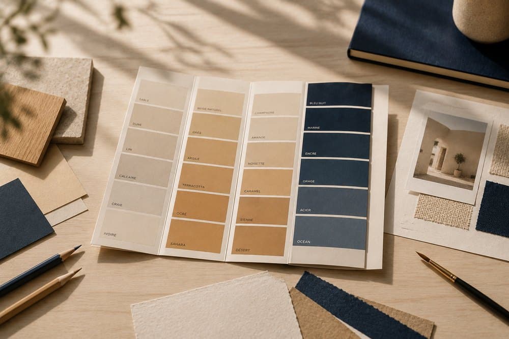 Graphisme — nuancier de couleurs beige, sable et bleu nuit sur un bureau clair