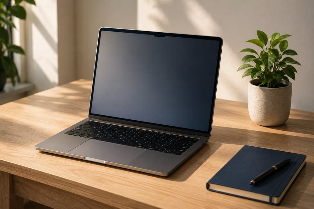 Création de sites internet — ordinateur portable ouvert sur un bureau en bois clair