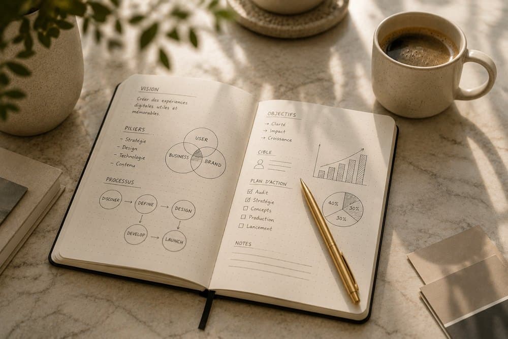 Stratégie digitale — carnet ouvert avec schémas et graphiques, stylo doré, tasse de café
